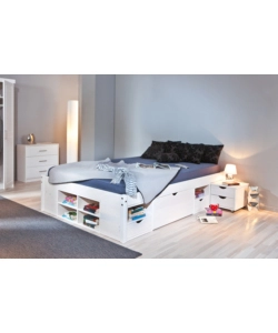 Letto matrimoniale con contenitori e comodini estraibili con ruote "Till" bianco 180x200 cm